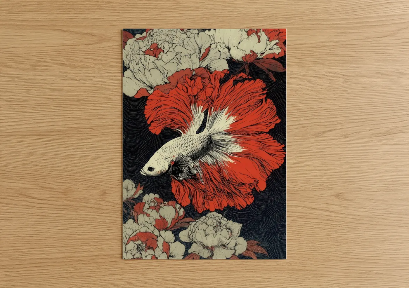 Fighting fish art print on warm oak wood — red and cream palette — Crimson Betta Bloom poster