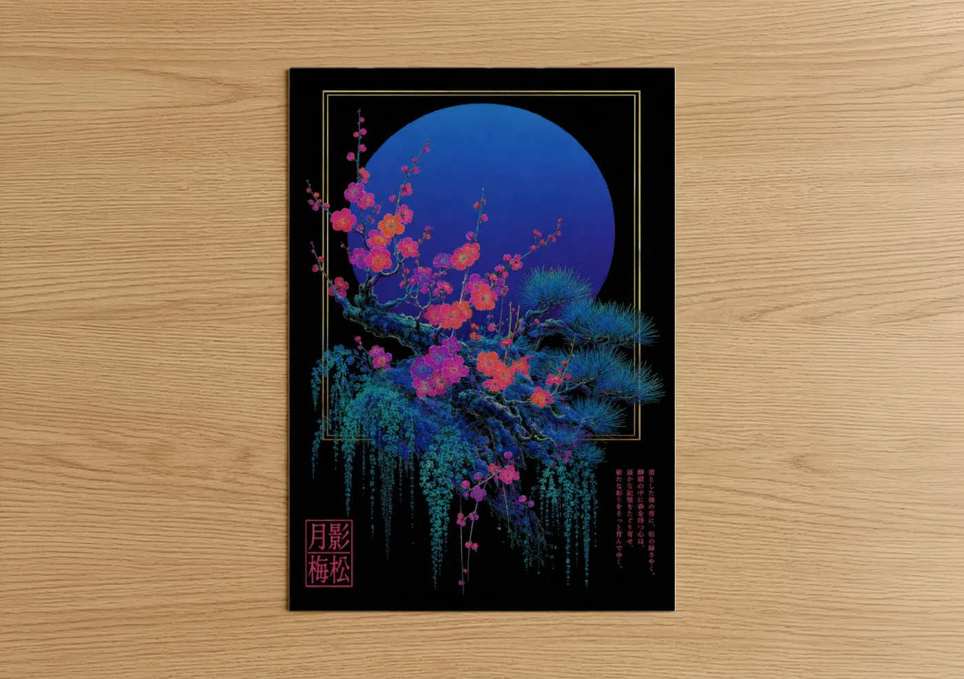 Cherry blossoms art print on warm oak wood — blue and magenta palette — Cherry Blossom Moon Pine Tree Wall Art poster