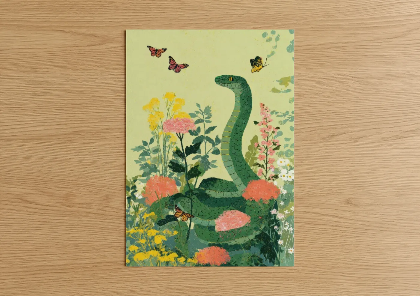 Art print on warm oak wood — yellow gold and green palette — Garden Viper poster