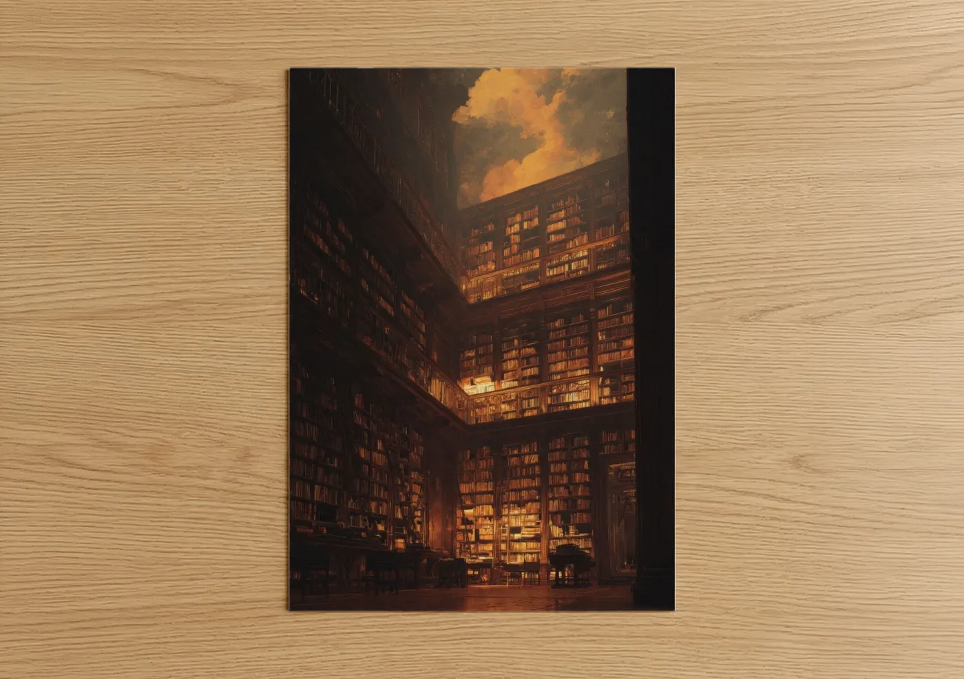 Art print on warm oak wood — gold and brown palette — Golden Library Atrium poster