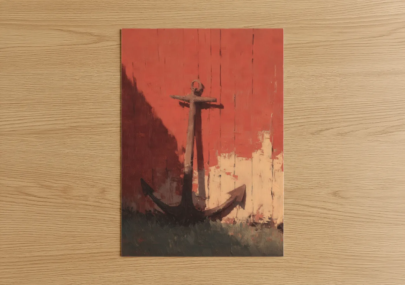Art print on warm oak wood — red and cream palette — Anchor poster