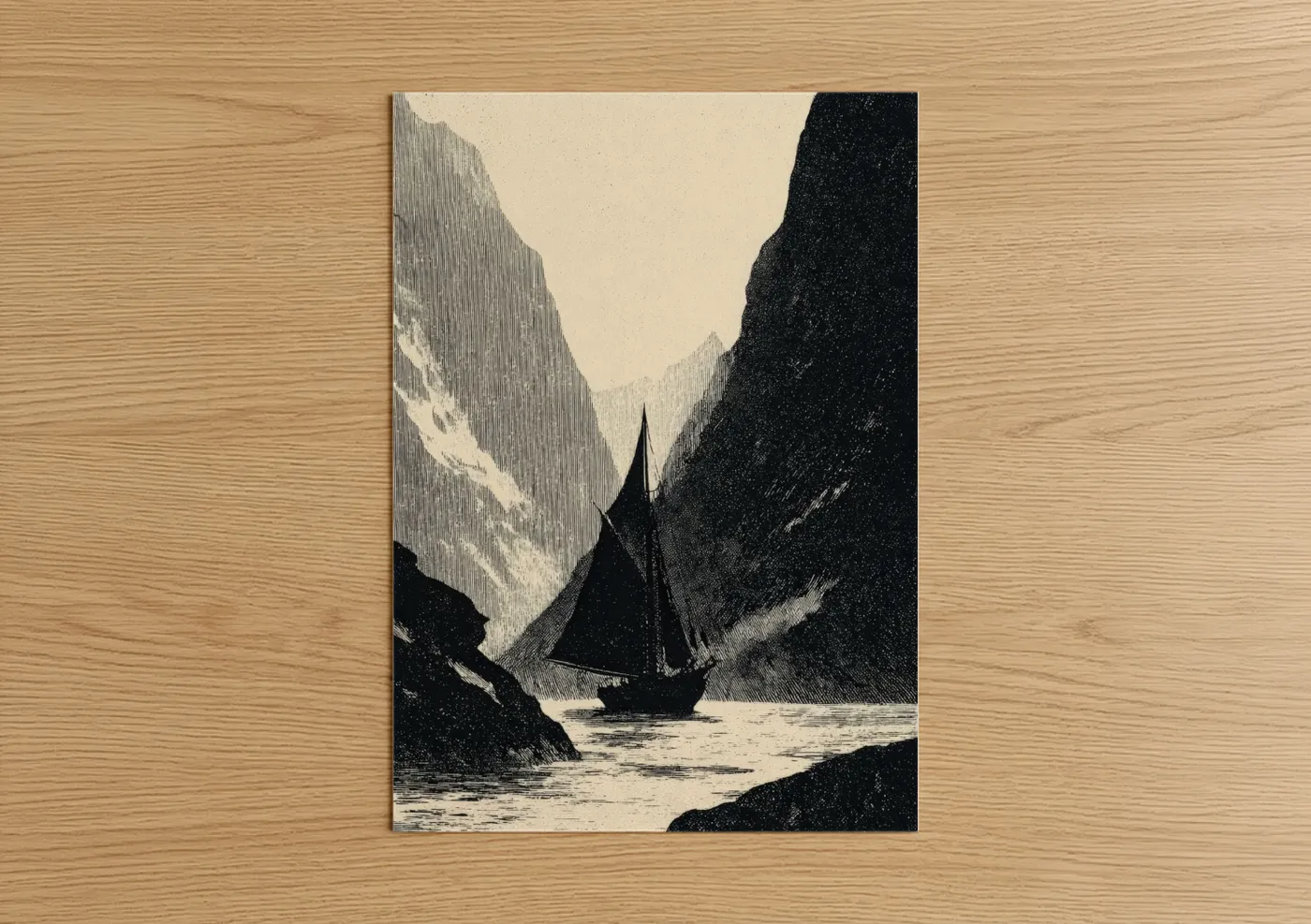 Sailing ship art print on warm oak wood — black and white and cream palette — Canyon Sailing poster