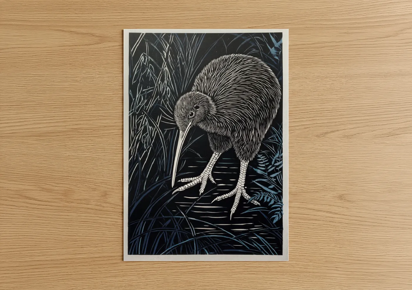 Art print on warm oak wood — black and white and dark blue palette — Nocturnal Kiwi poster
