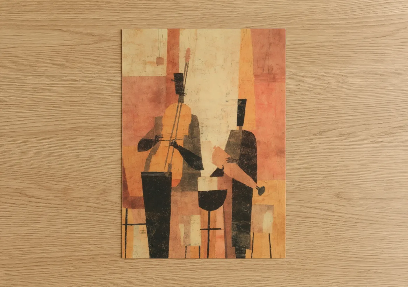 Art print on warm oak wood — cream palette — Jazz Musicians poster
