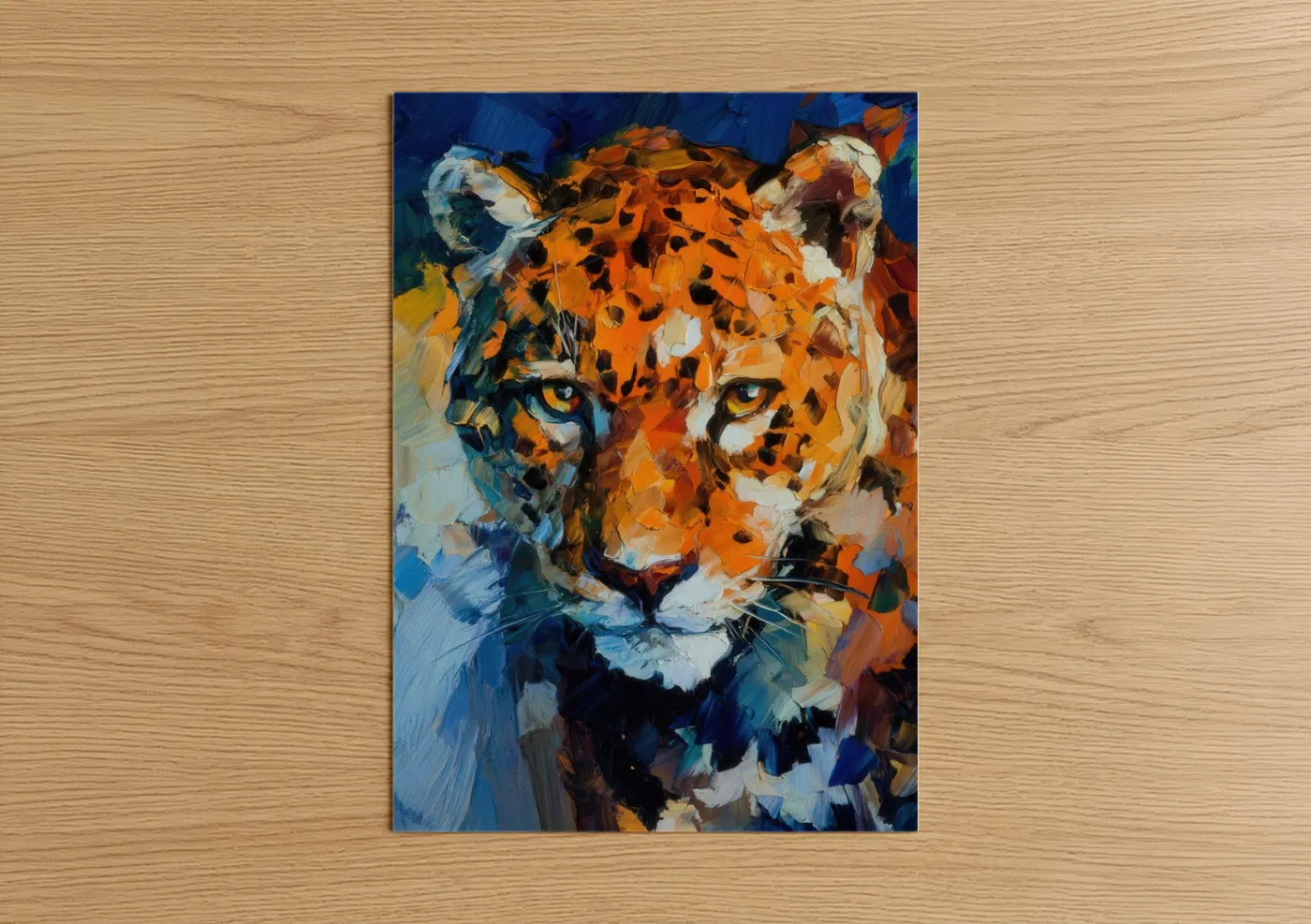 Art print on warm oak wood — orange and blue palette — Golden Jaguar poster
