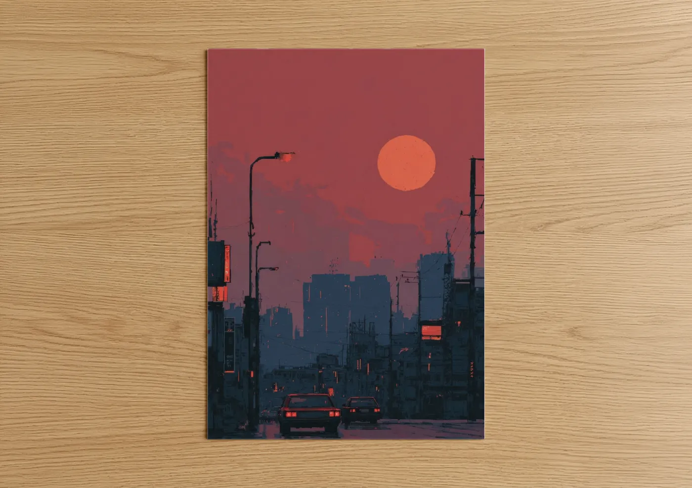 Art print on warm oak wood — maroon and gold palette — Crimson Urban Sunset poster