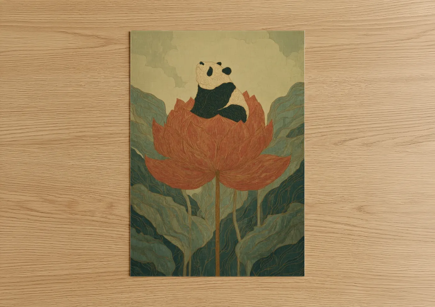 Panda on Lotus Flower Art Print Wall Art