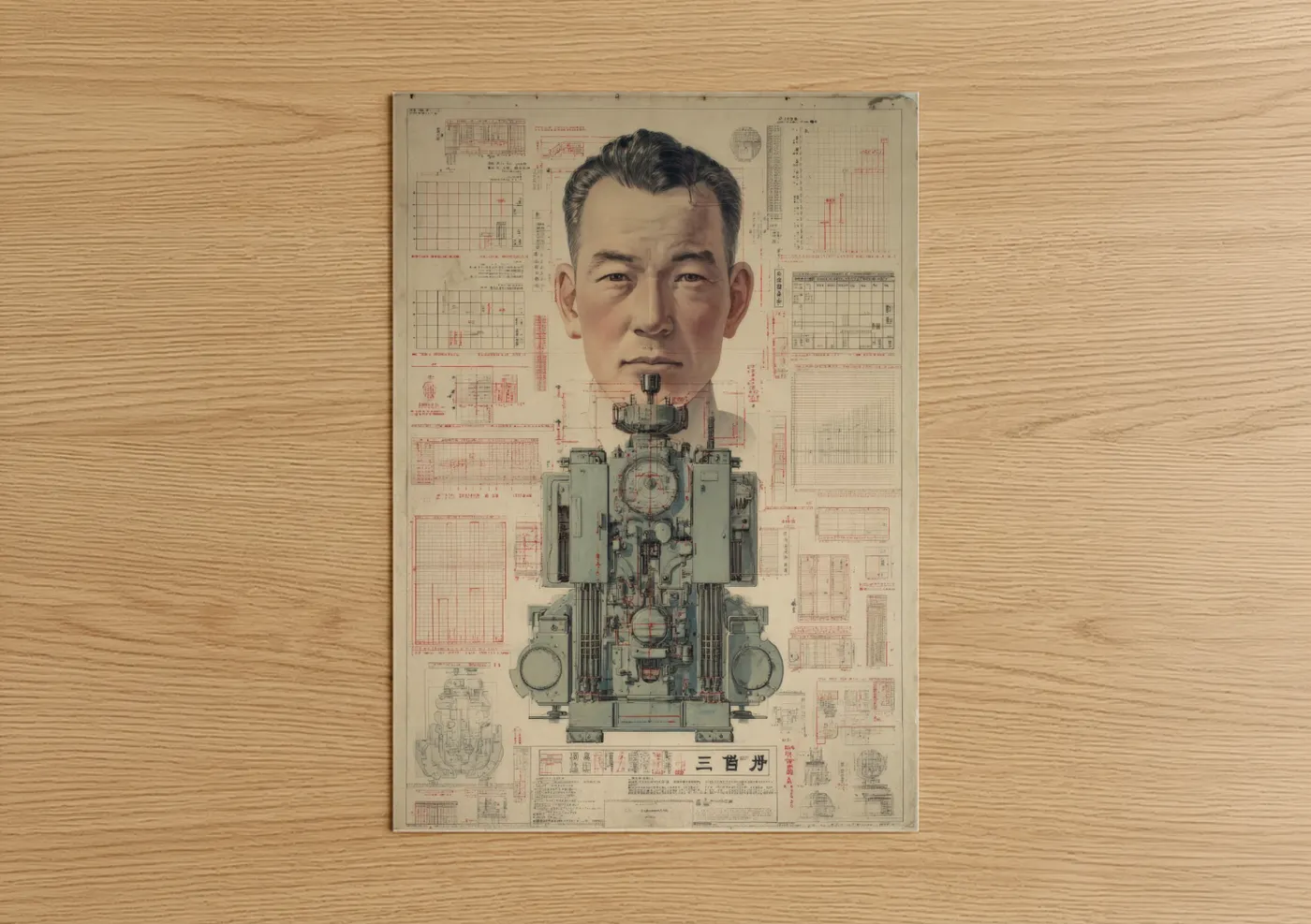 Blueprints art print on warm oak wood — cream and red palette — Mechanical Head Blueprint poster