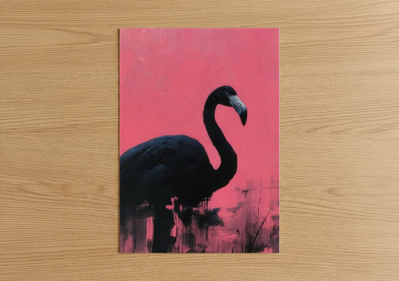 Art print on warm oak wood — pink and black palette — Silhouette Flamingo poster