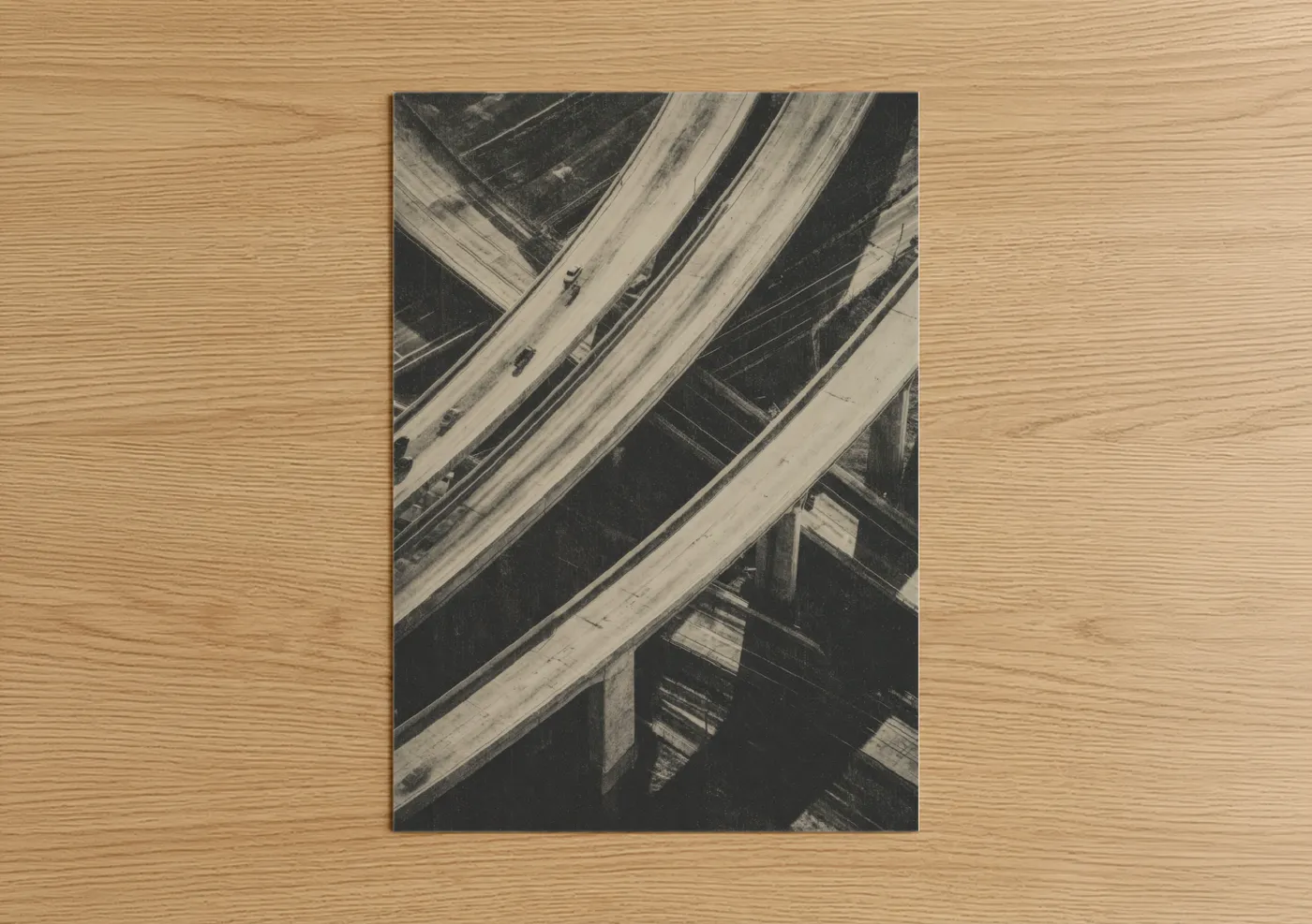 Road and highways art print on warm oak wood — black and white and gray palette — Aerial Highways poster
