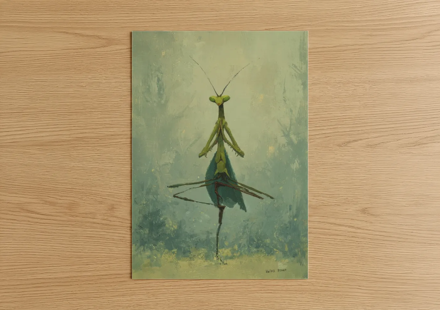 Prayin mantis art print on warm oak wood — sage green and cream palette — Zen Mantis poster