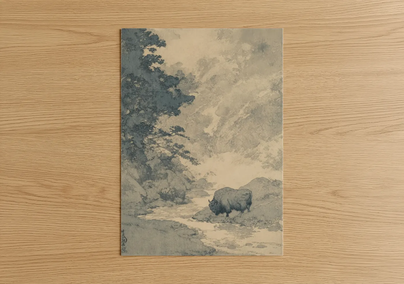 Art print on warm oak wood — blue and cream palette — Mountain Yak poster