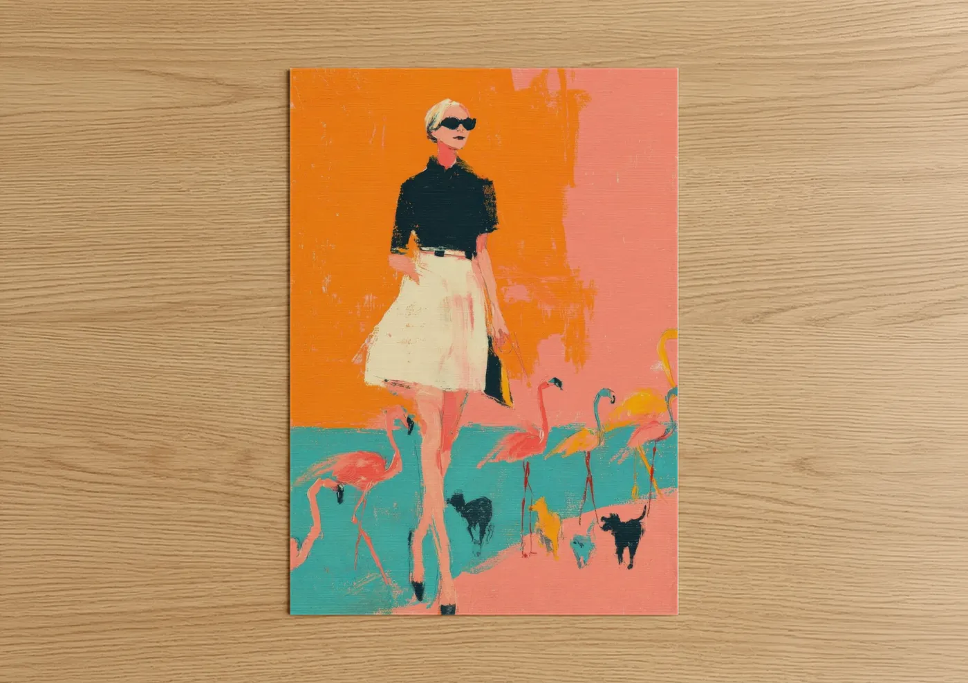 Fashion illustration art print on warm oak wood — orange and teal palette — Glamorous Flamingo Fashion poster