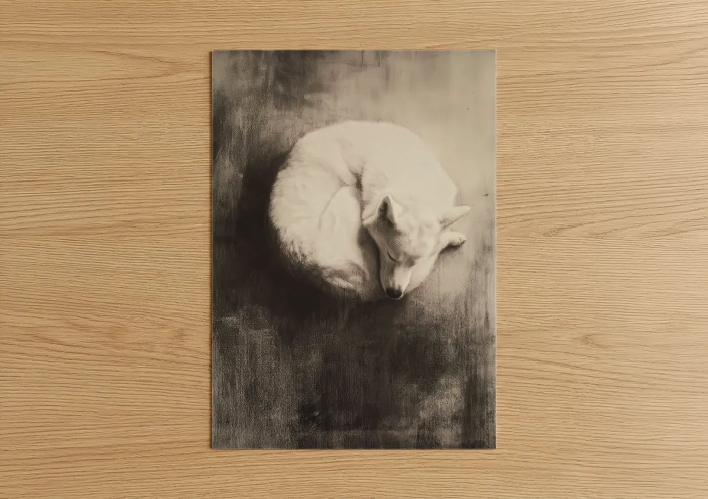 Art print on warm oak wood — black and white and cream palette — Snowy Husky Curl poster