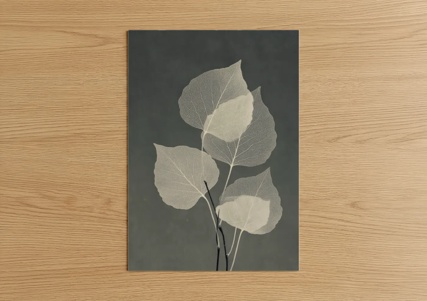 Art print on warm oak wood — gray and cream palette — Ethereal Leaf Stems poster