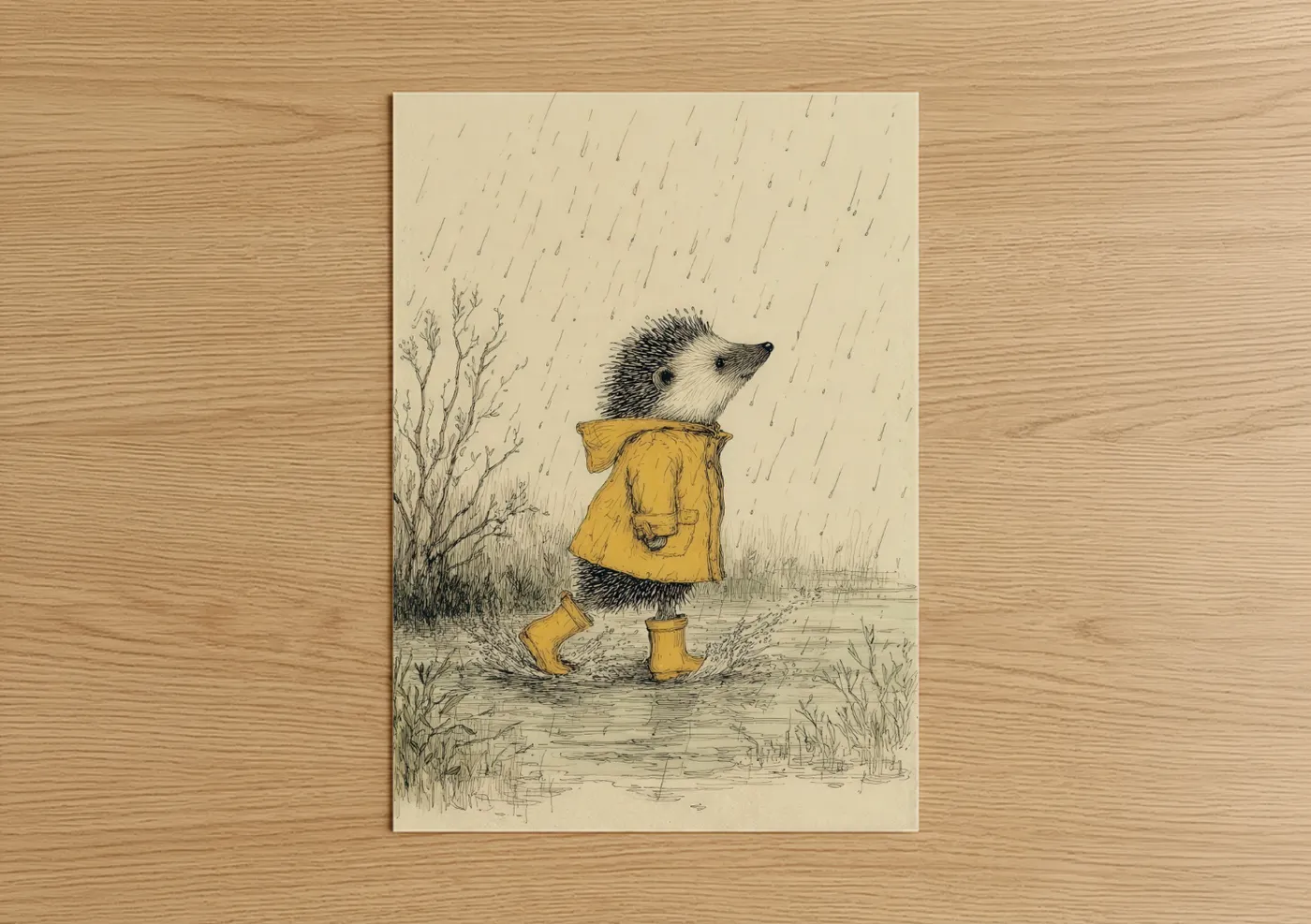 Art print on warm oak wood — cream and mustard palette — Rainy Day Hedgehog poster