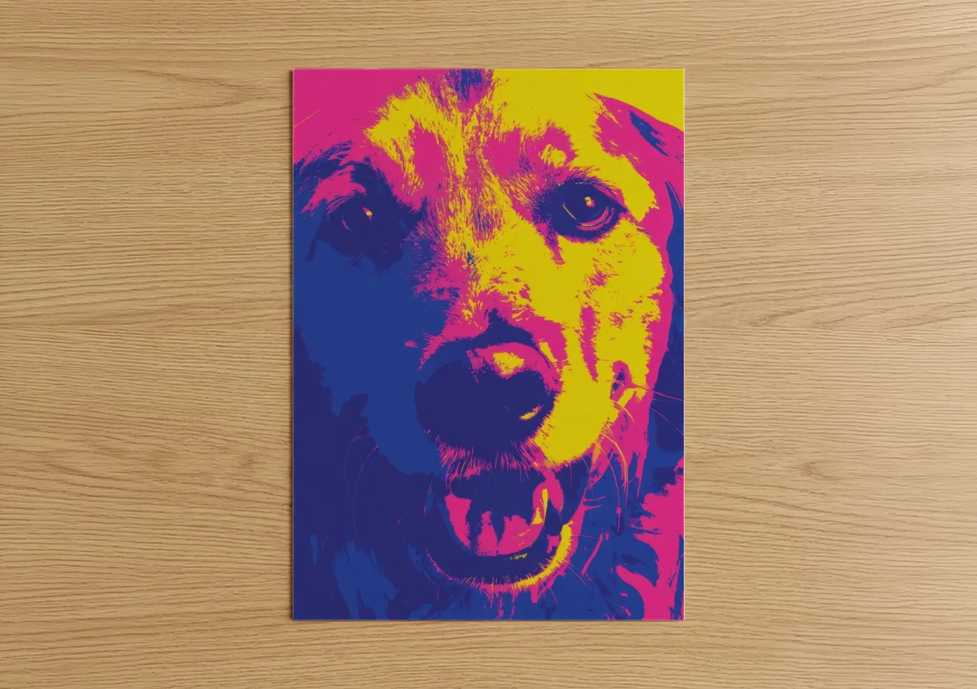 Art print on warm oak wood — magenta and yellow palette — Neon Retriever poster