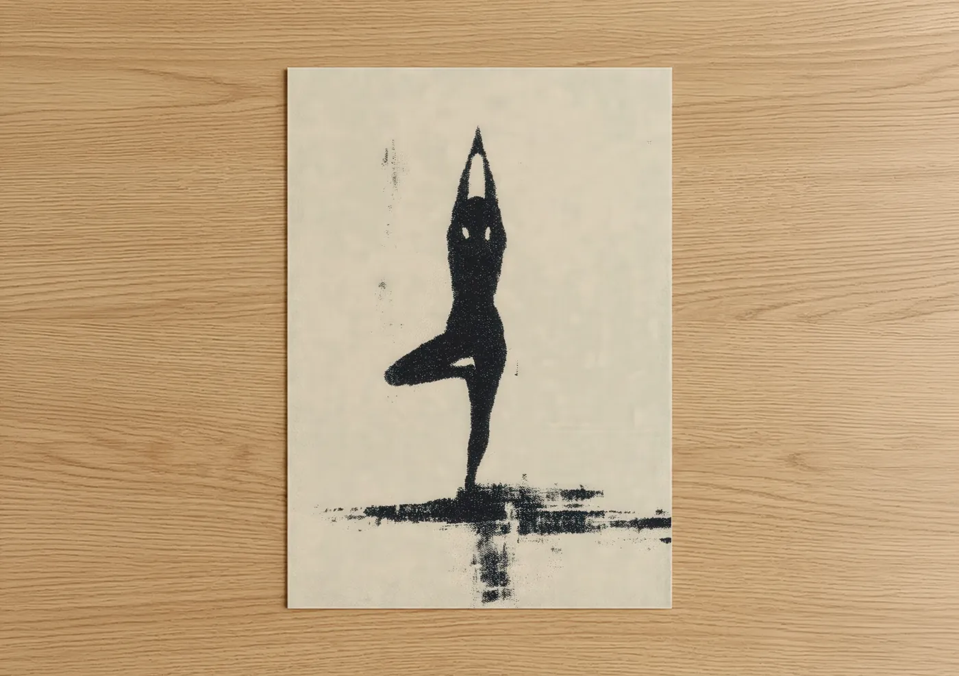 Fitness yoga art print on warm oak wood — black and cream palette — Yoga Balance Silhouette poster