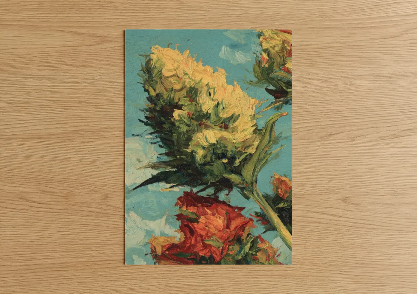 Art print on warm oak wood — gold and teal palette — Golden Cannabis Bloom poster
