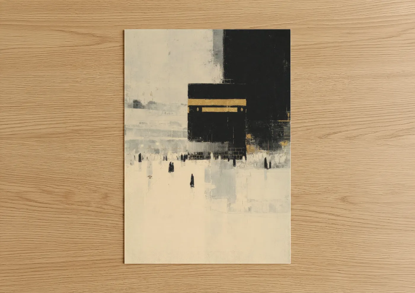 Masjid al haram art print on warm oak wood — cream and black and gold palette — Sacred Kaaba Modern poster