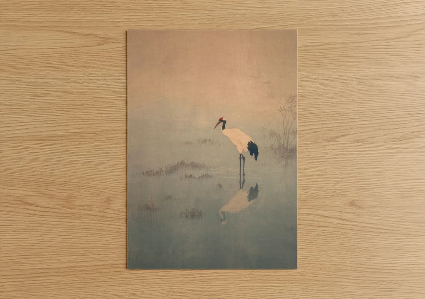 Crane in Mist Lake Reflection Wall Art