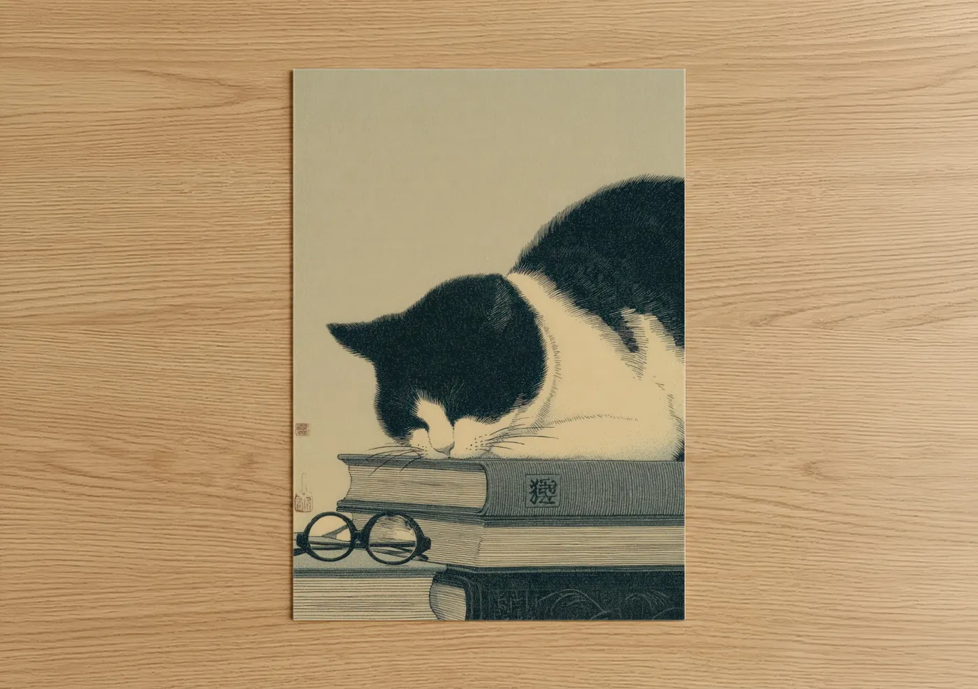 Cat Reading Books Japanese Wall Art