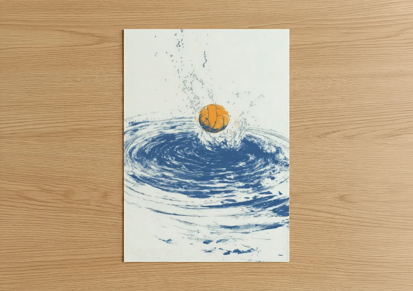 Water polo art print on warm oak wood — blue and gold palette — Dynamic Water Splash poster