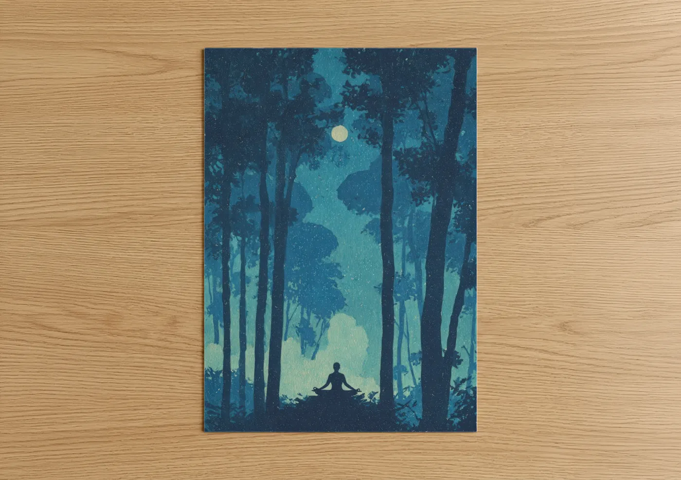 Fitness yoga art print on warm oak wood — dark blue and teal palette — Moonlit Meditation poster