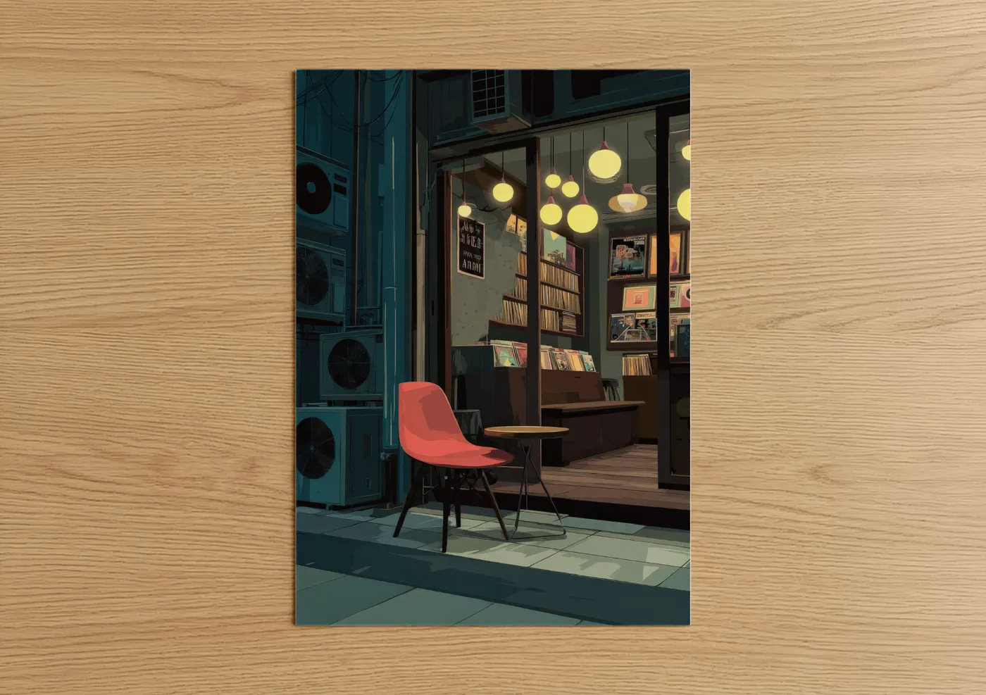 Art print on warm oak wood — dark blue and salmon pink palette — Neon Bookstore poster