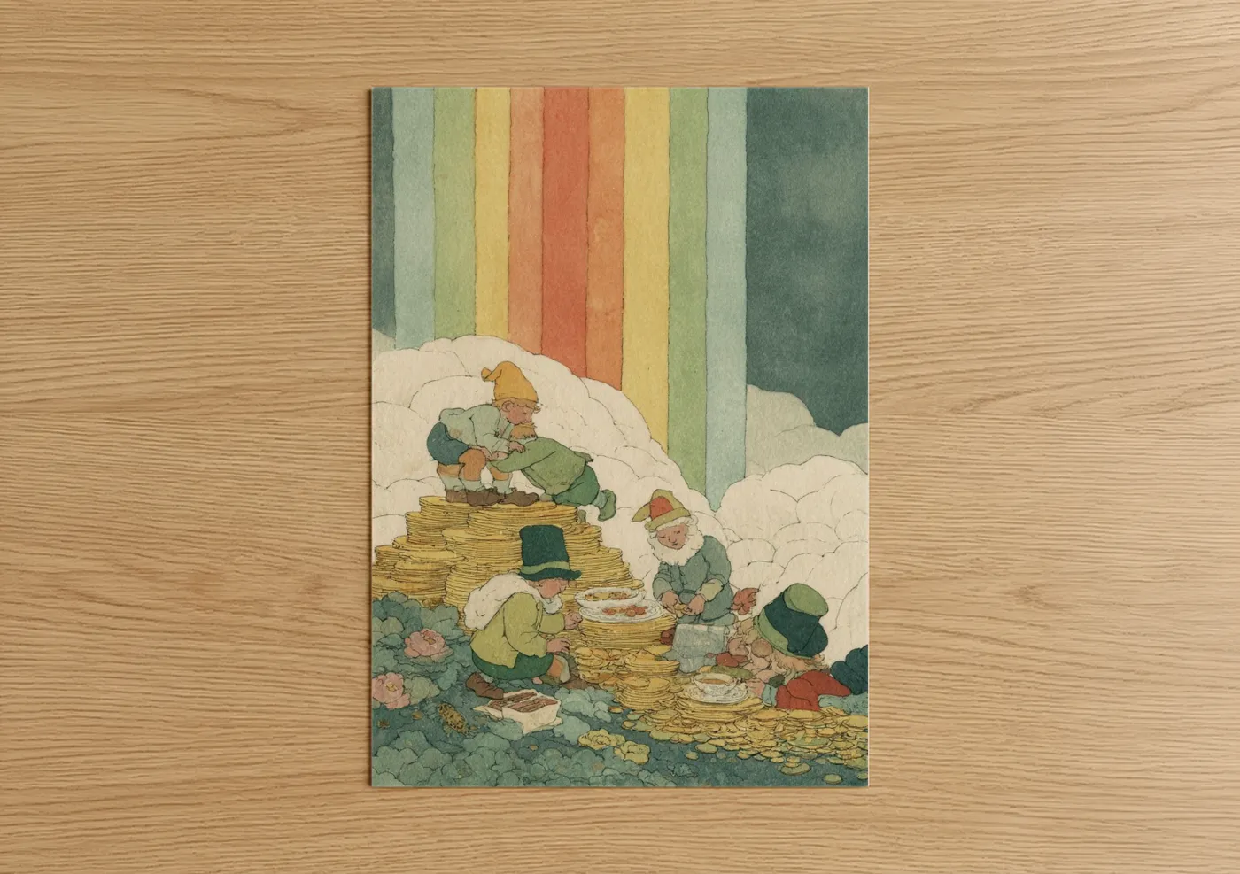 St. patrick's day art print on warm oak wood — green and gold palette — Leprechaun Gold Gathering poster