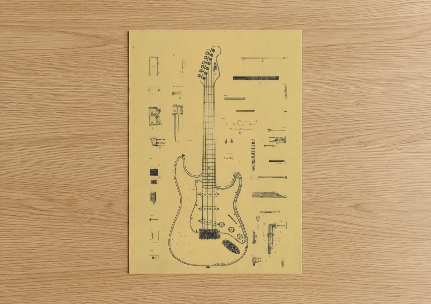 Electric Guitar Stratocaster Blueprint Technical Wall Art
