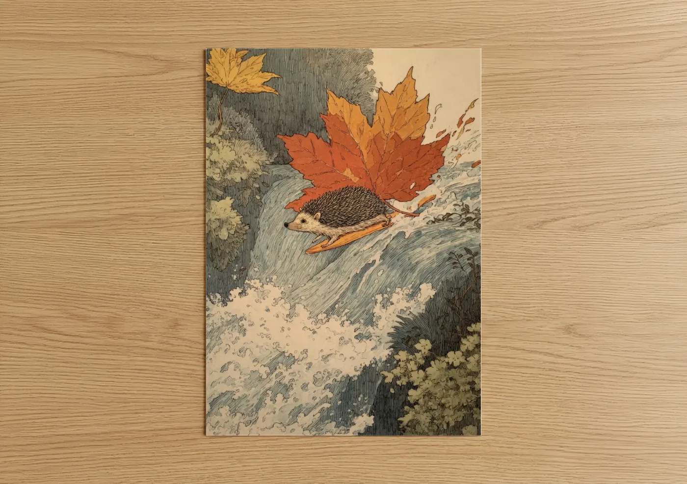 Art print on warm oak wood — russet and cream palette — Autumn Hedgehog poster