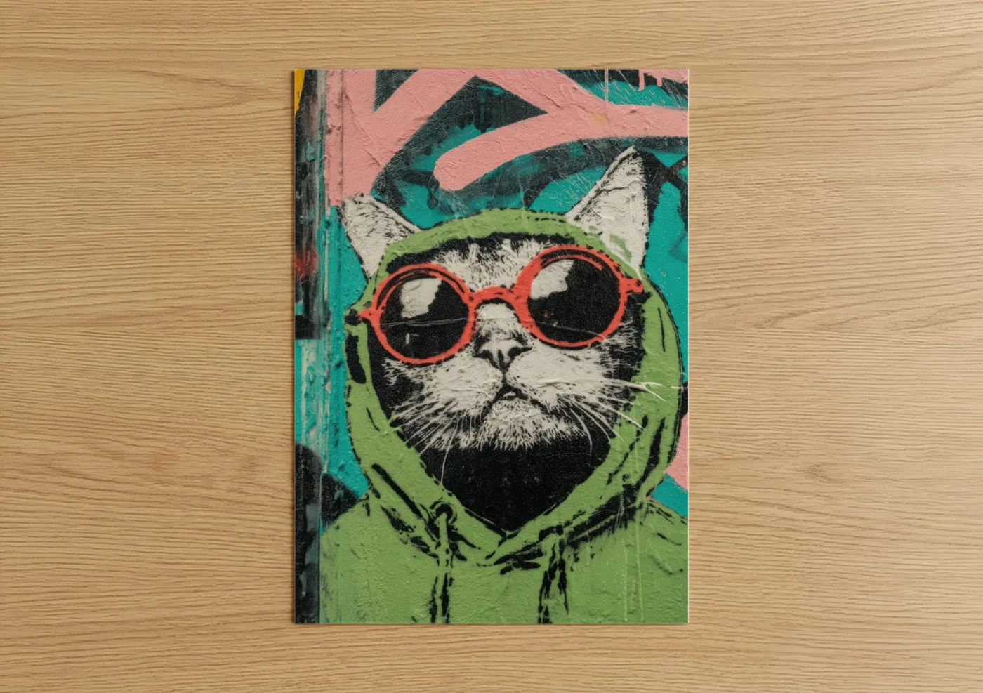 Art print on warm oak wood — turquoise and lime green palette — Cool Cat Portrait poster