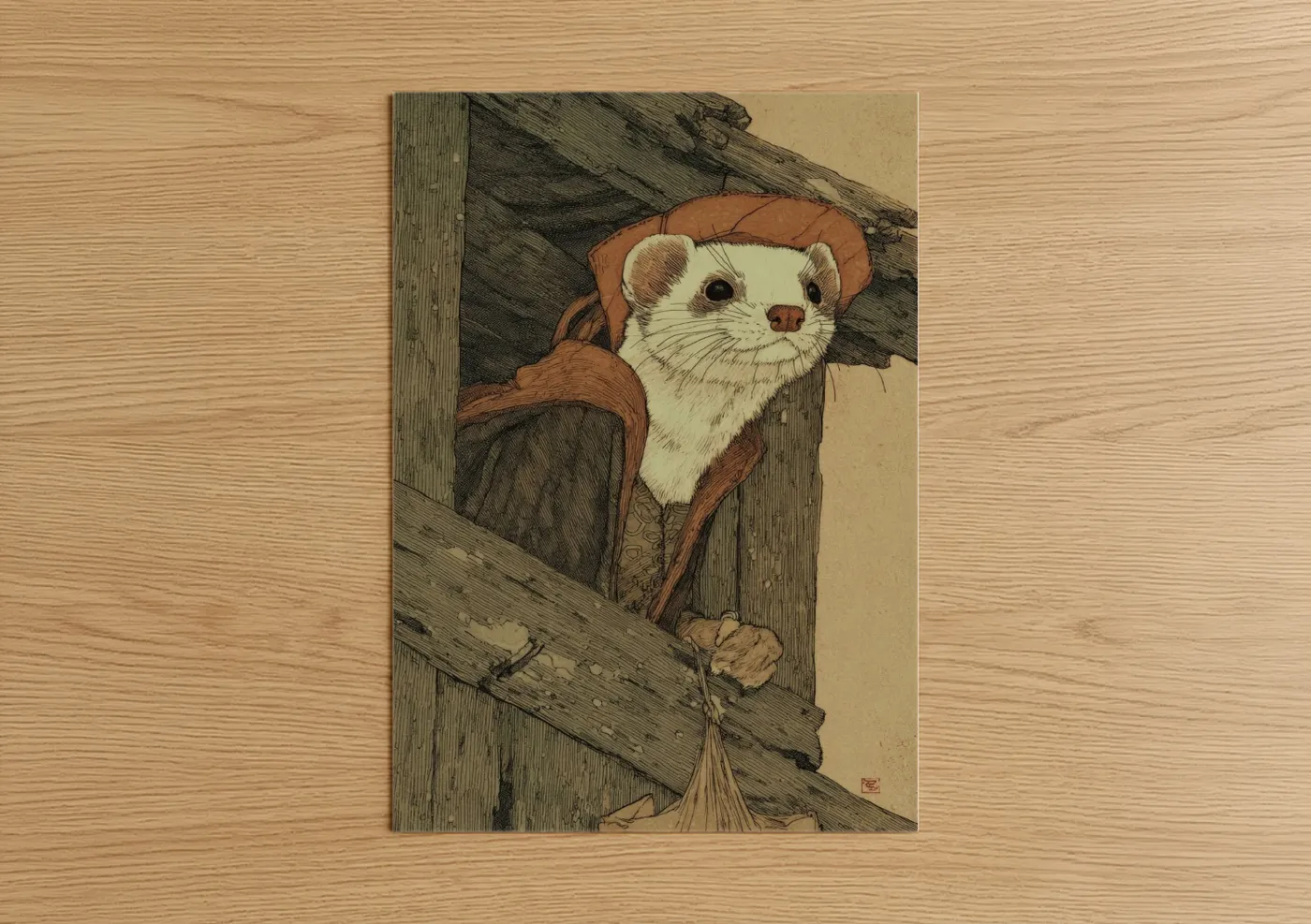 Art print on warm oak wood — cream and russet palette — Curious Weasel poster