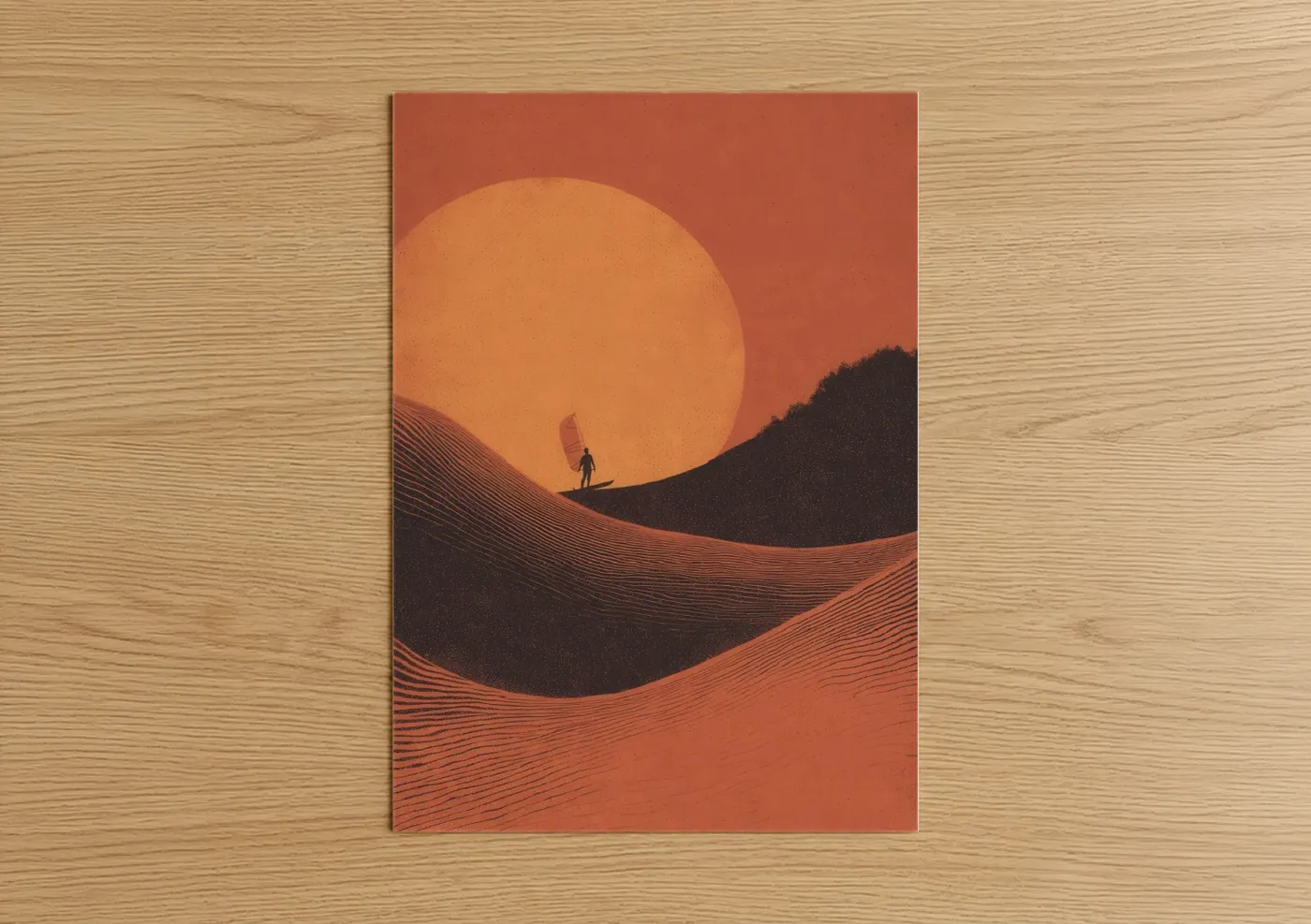 Windsurfing art print on warm oak wood — orange and maroon palette — Desert Surfer poster