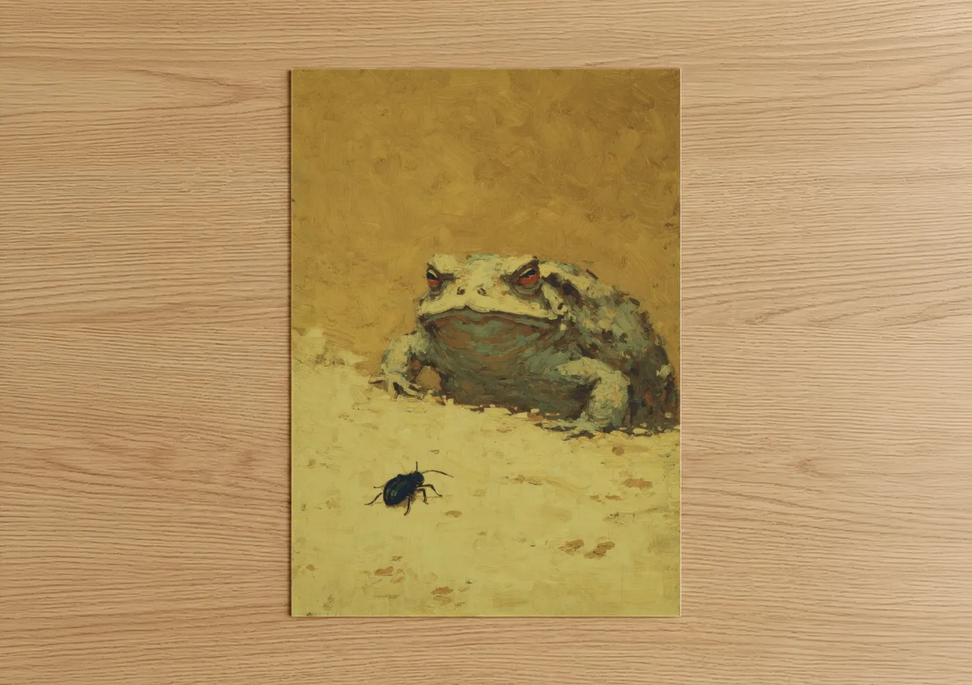 Frogs and toads art print on warm oak wood — mustard and olive palette — Desert Toad poster