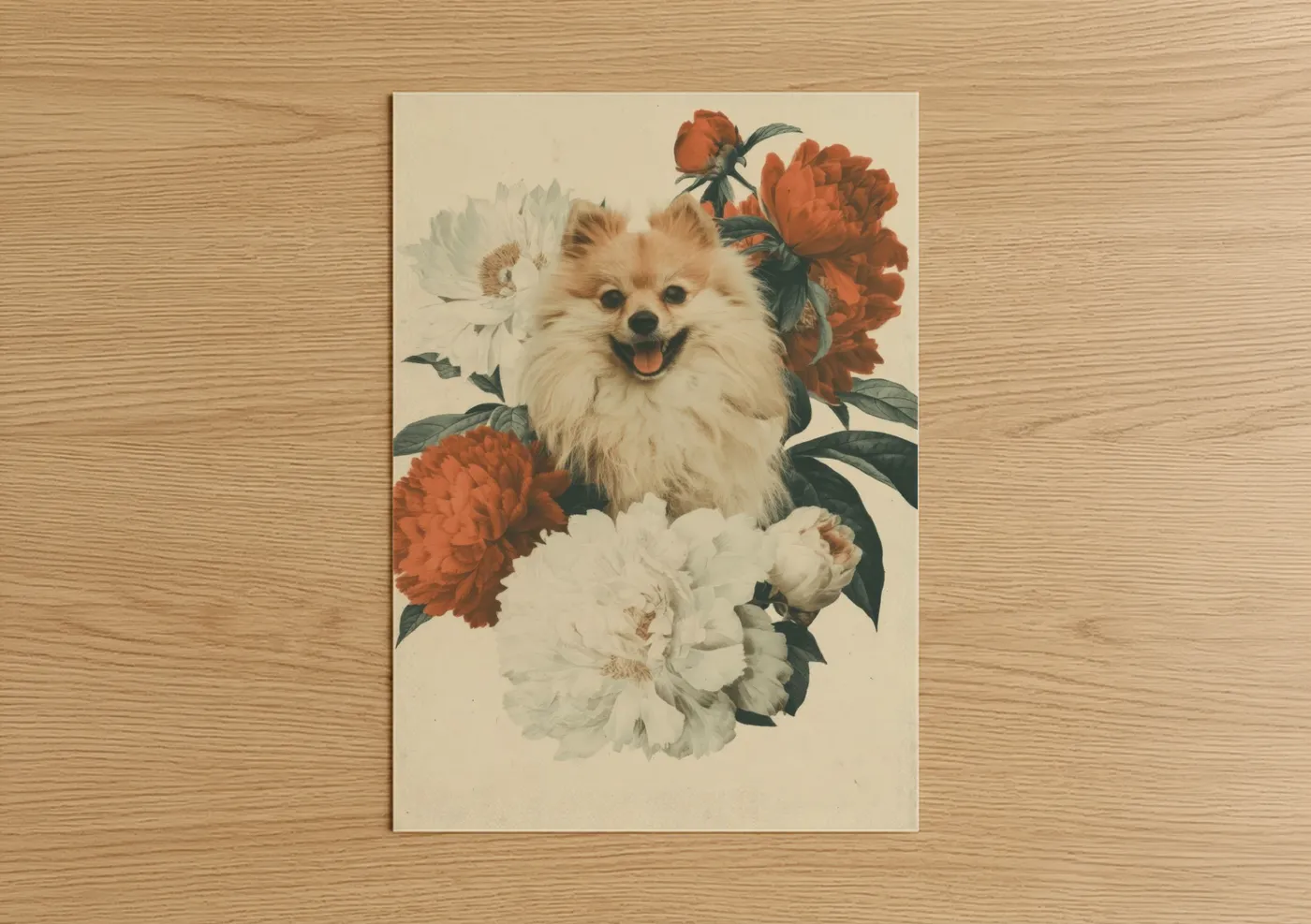 Smiling Spitz Dog with Peonies Wall Art