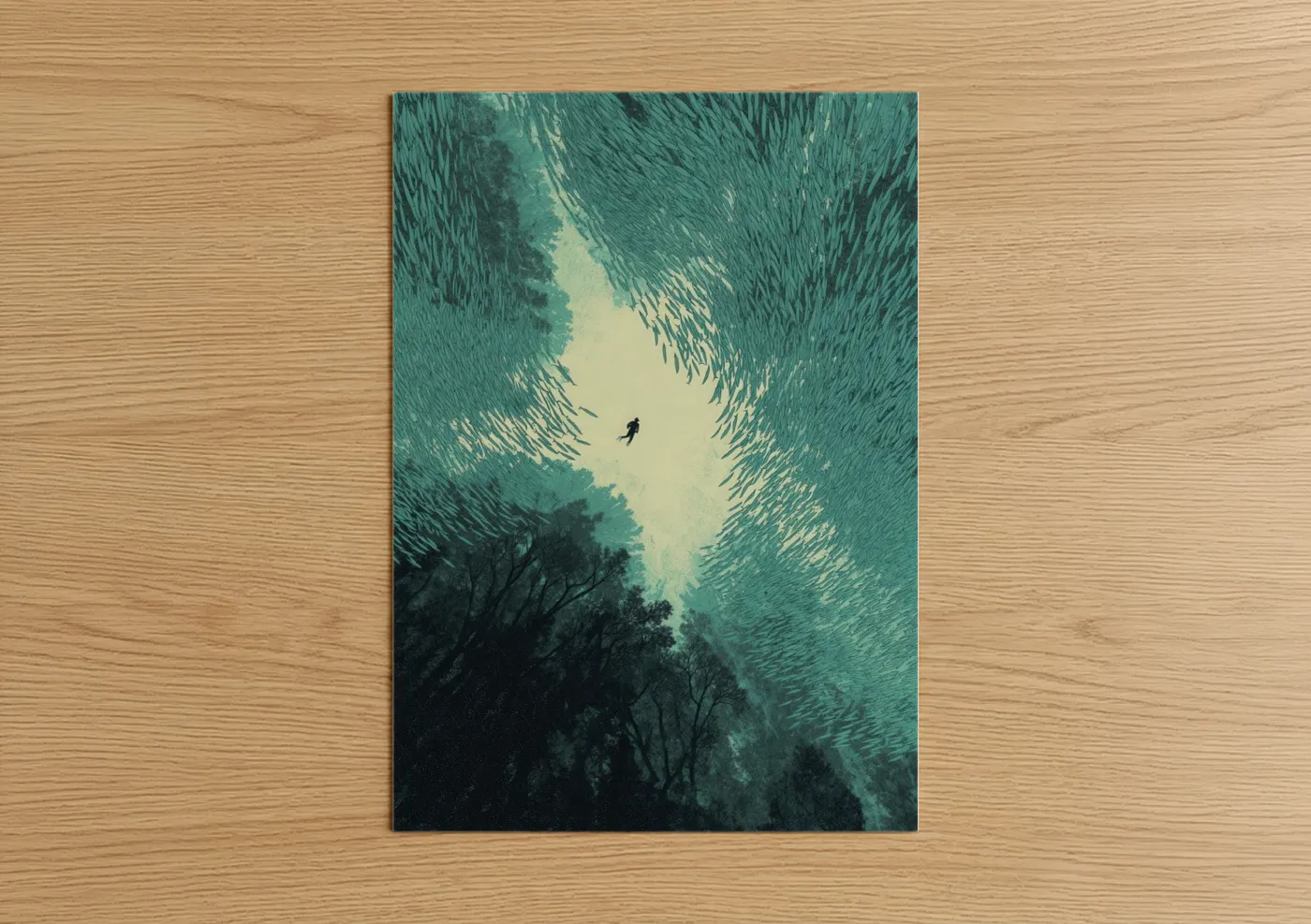 Snorkeling art print on warm oak wood — teal and cream palette — Canopy Snorkeler poster