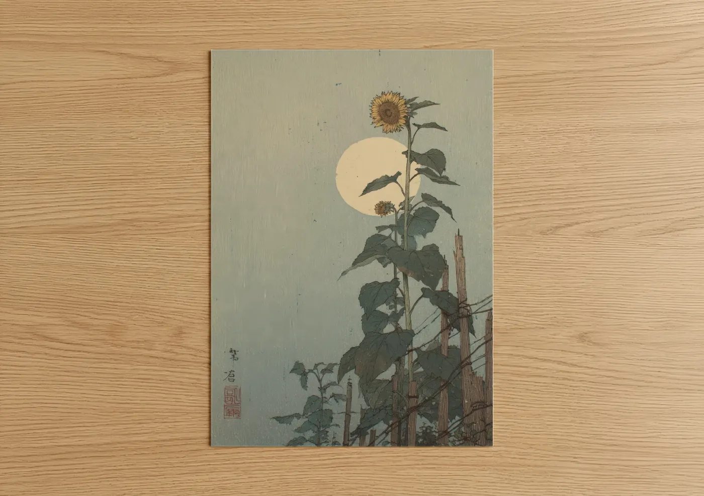 Moonlit Sunflower Japanese Woodblock Wall Art
