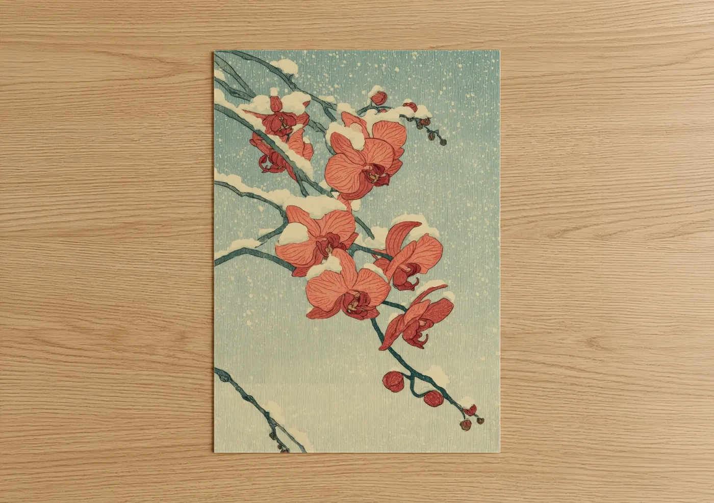 Art print on warm oak wood — sage green and salmon pink palette — Crimson Orchid Snow poster