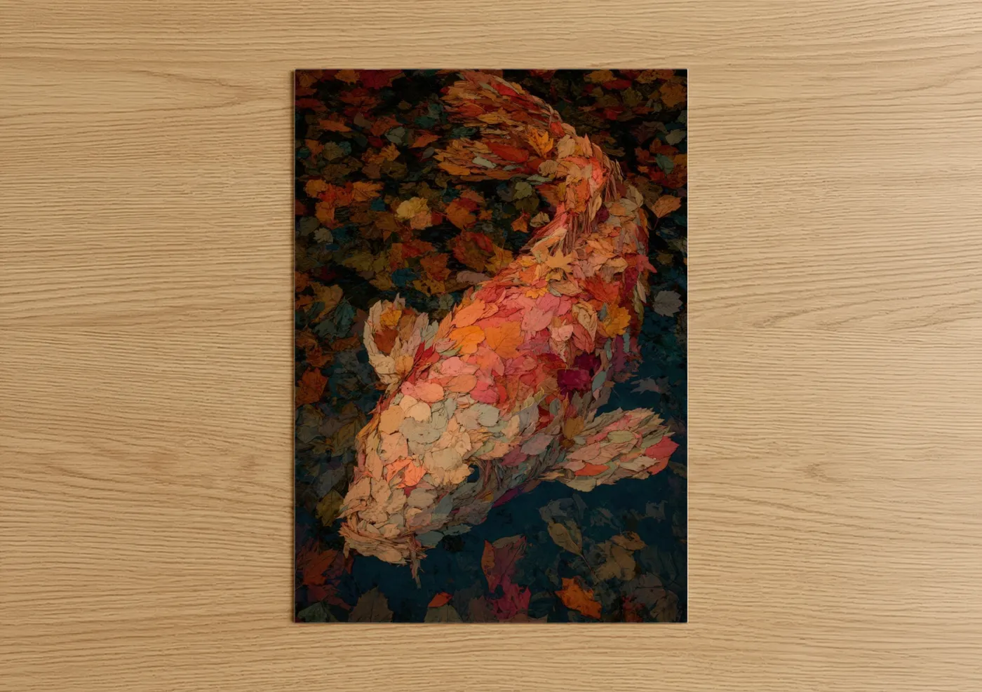 Art print on warm oak wood — red and gold palette — Autumn Koi Fish poster