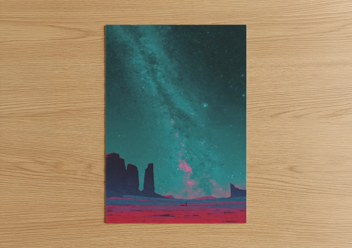 Space art print on warm oak wood — turquoise and magenta palette — Desert Nebula poster