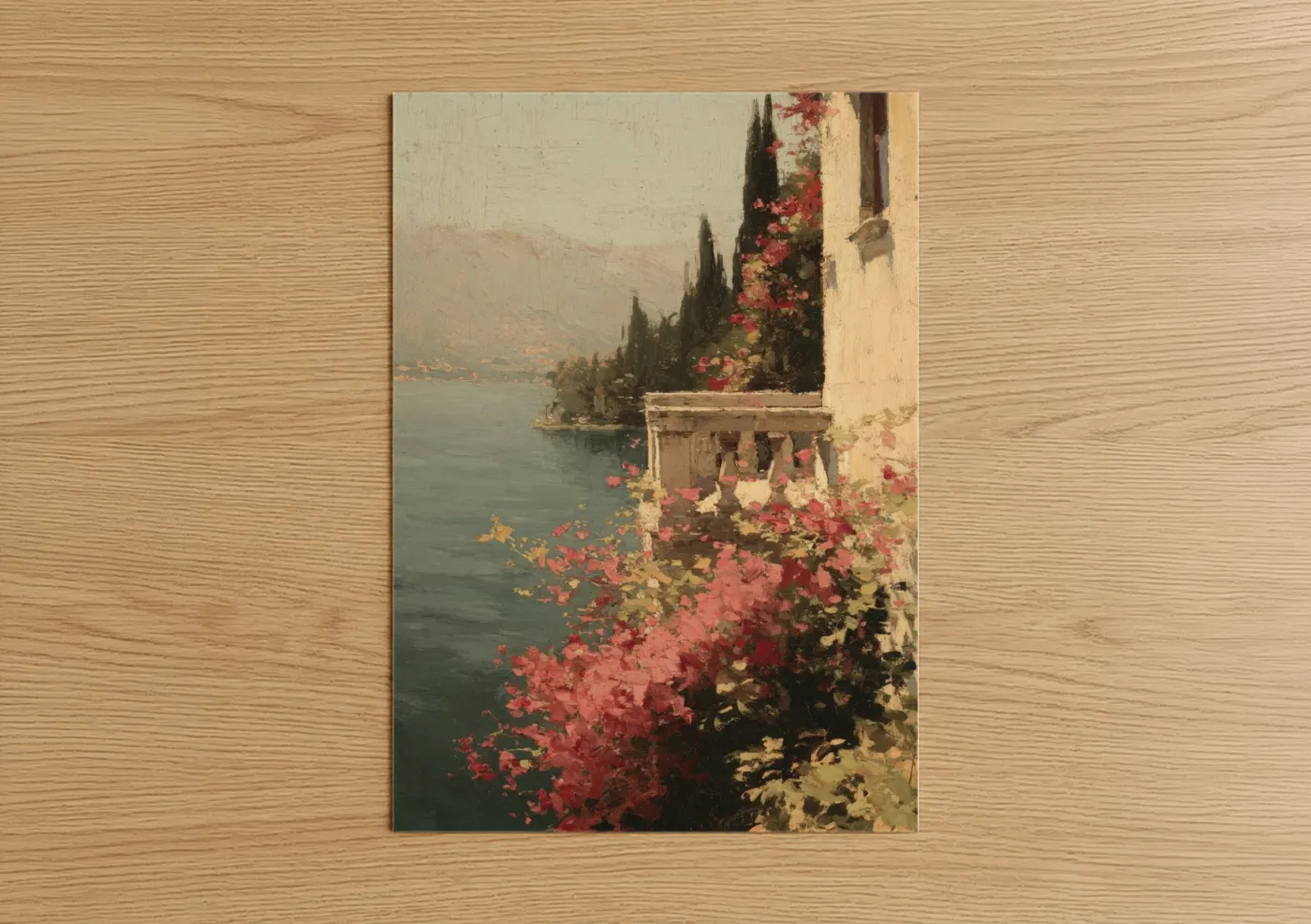 Art print on warm oak wood — salmon pink and blue and gold palette — Lakeside Garden poster