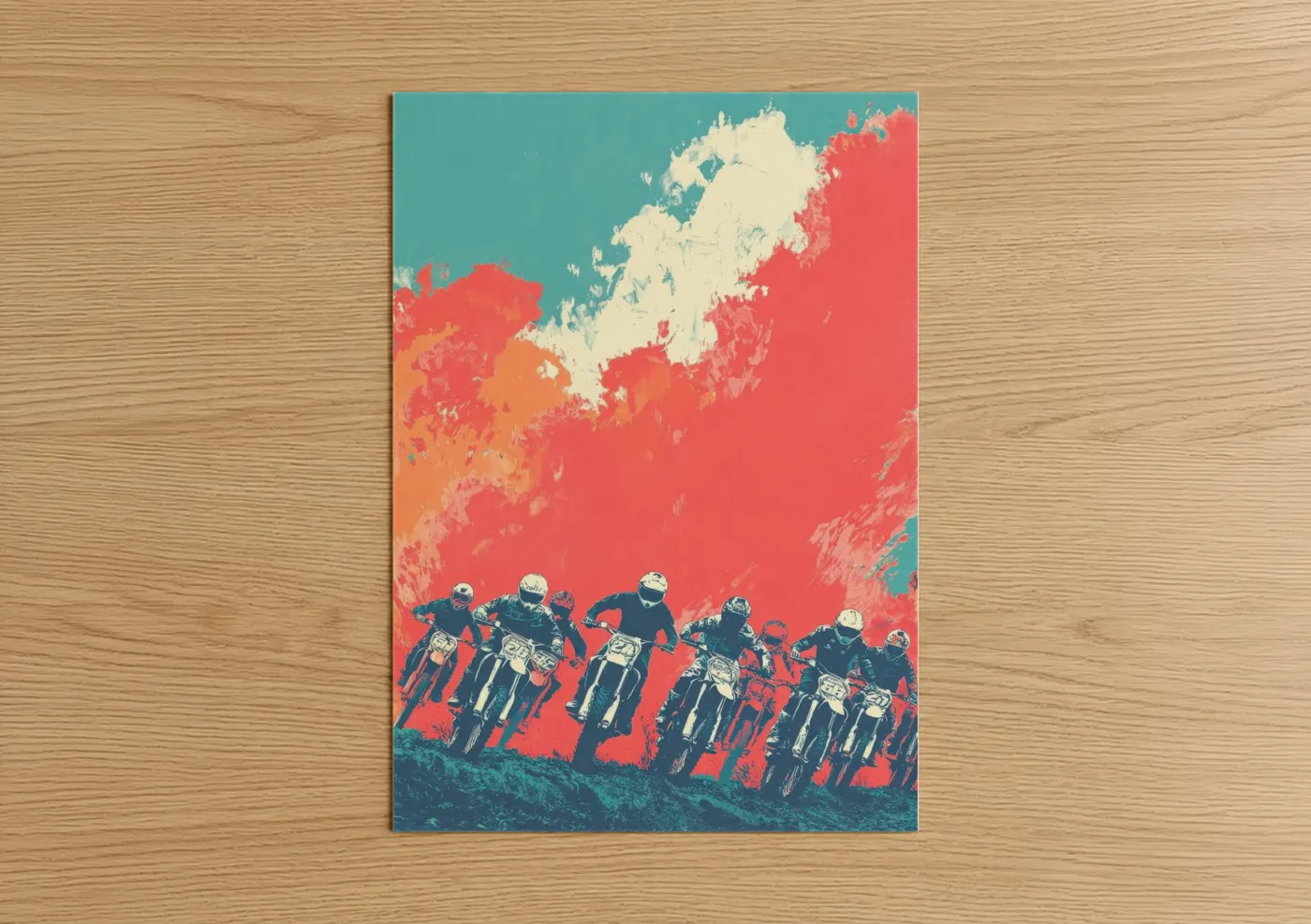 Art print on warm oak wood — turquoise and salmon pink palette — Neon Motocross Riders poster