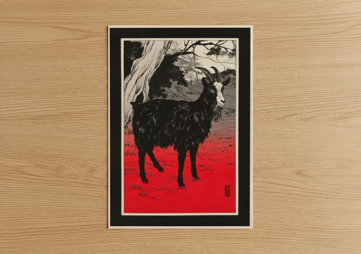 Black and White Goat Red Ground Japanese Wall Art