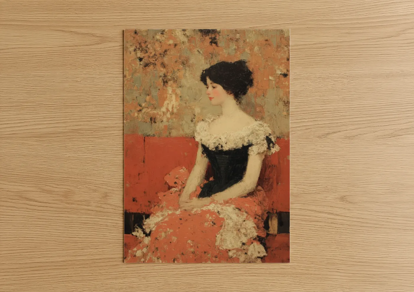 Vintage fashion art print on warm oak wood — russet and cream palette — Crimson Elegance poster