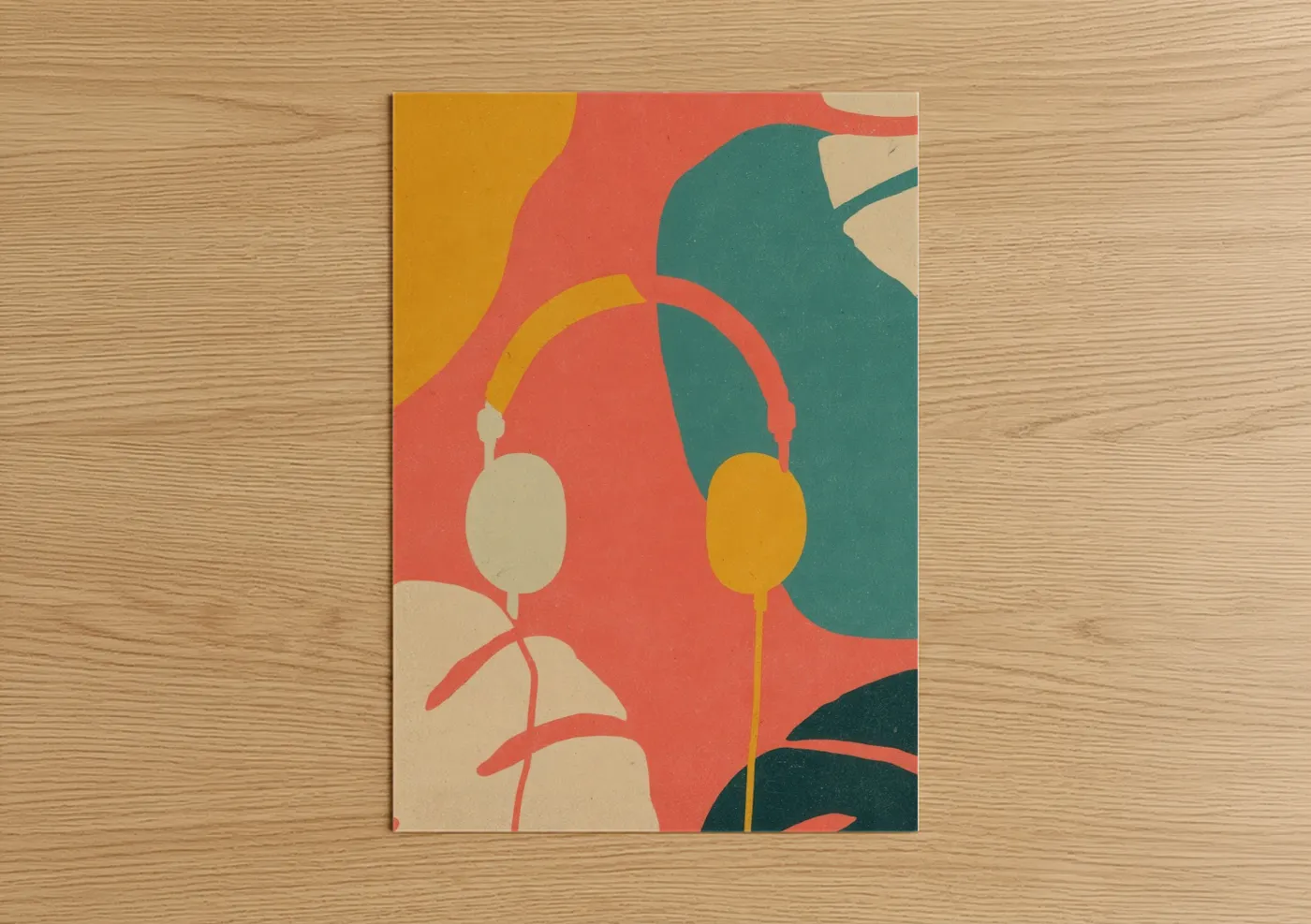 Art print on warm oak wood — orange and teal palette — Colorful Headphones poster