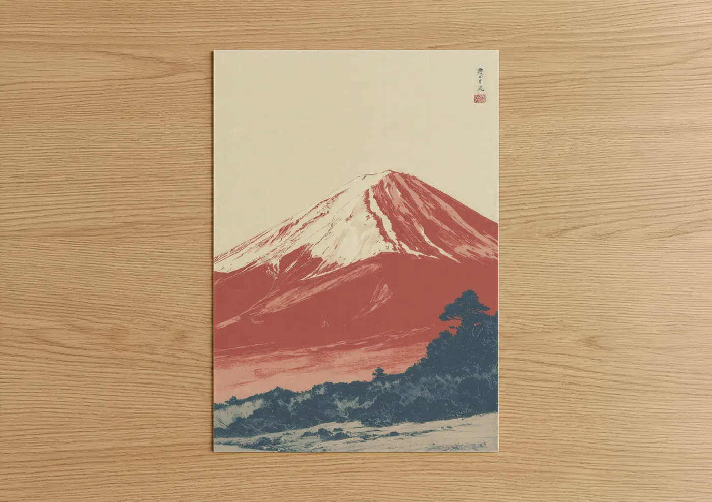 Mount fuji art print on warm oak wood — russet and cream palette — Crimson Fuji poster