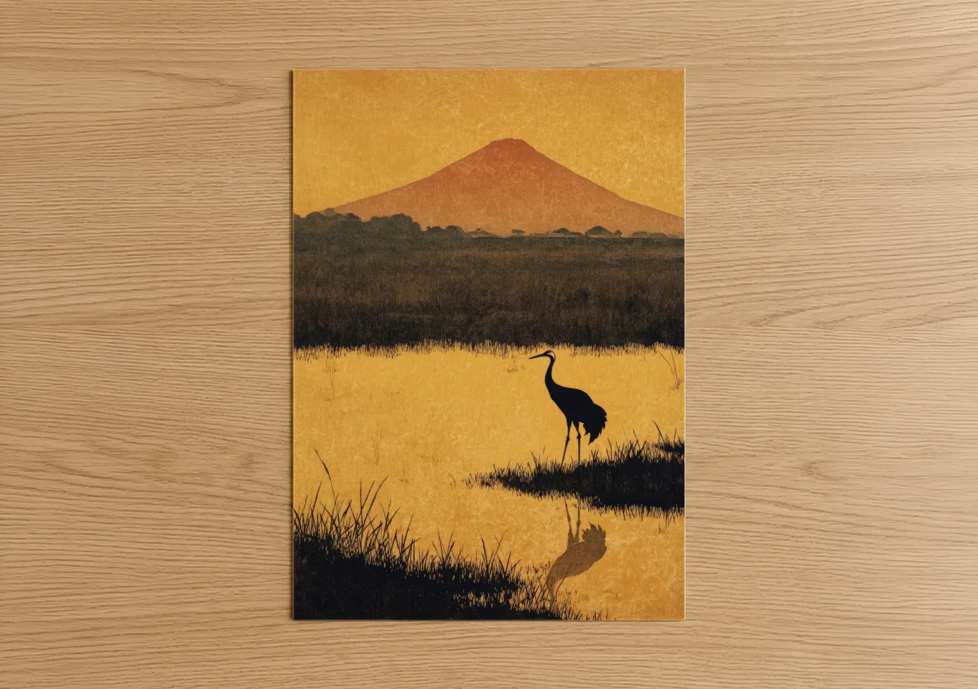 Mount Fuji Golden Hour Crane Silhouette Wall Art