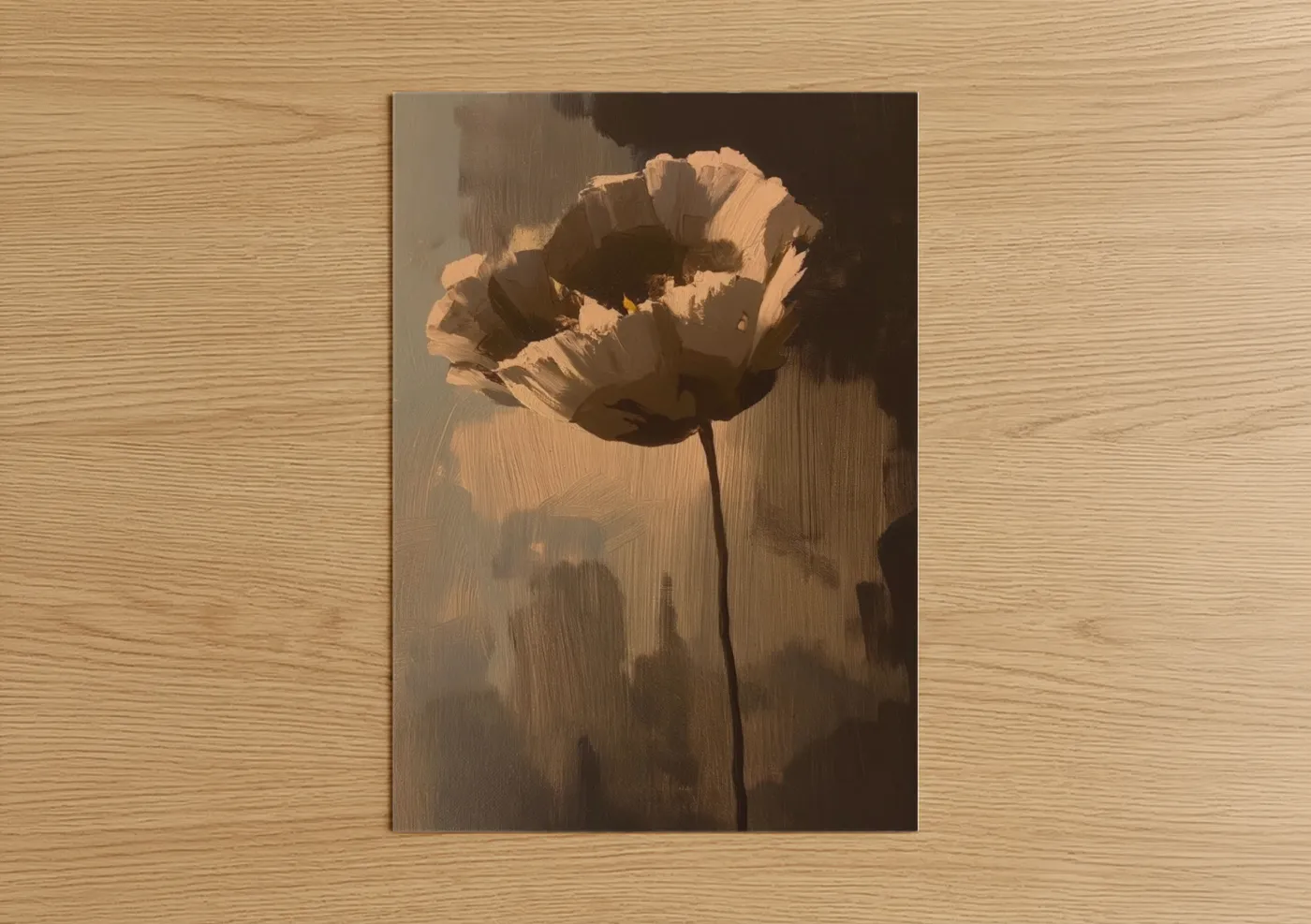 Abstract flower art print on warm oak wood — gold and dove gray palette — Golden Poppy Study poster